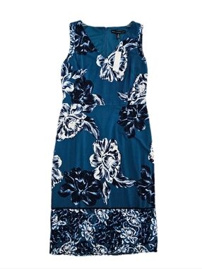 WHBM Sheath Dress Below Knee Teal Sleeveless Career Office Strech Floral Womens